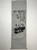 Chinese Boxed Hanging Scroll Vtg 2 Pandas Playing Monochrome Fabric SC965