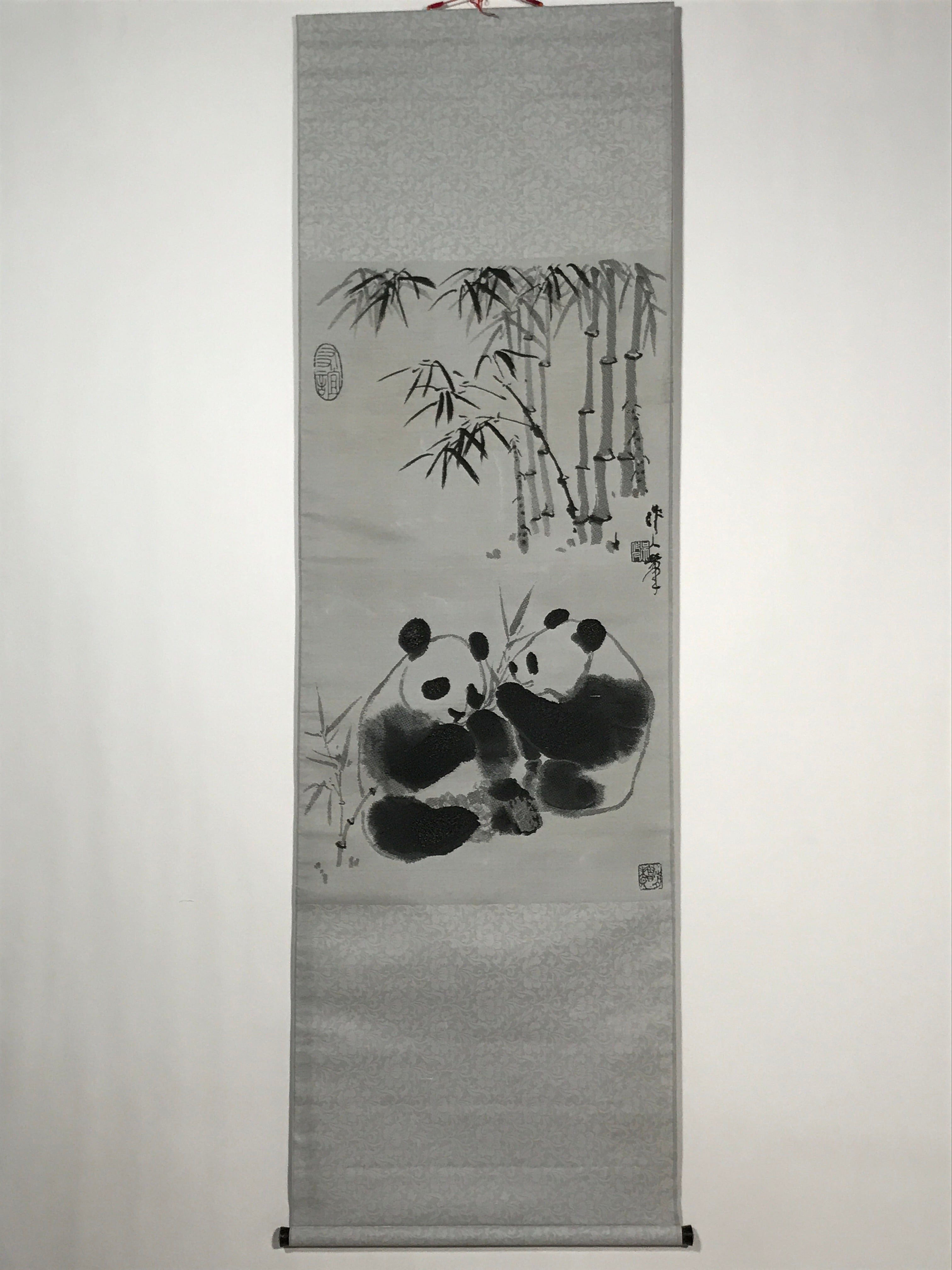 Chinese Boxed Hanging Scroll Vtg 2 Pandas Playing Monochrome Fabric SC965