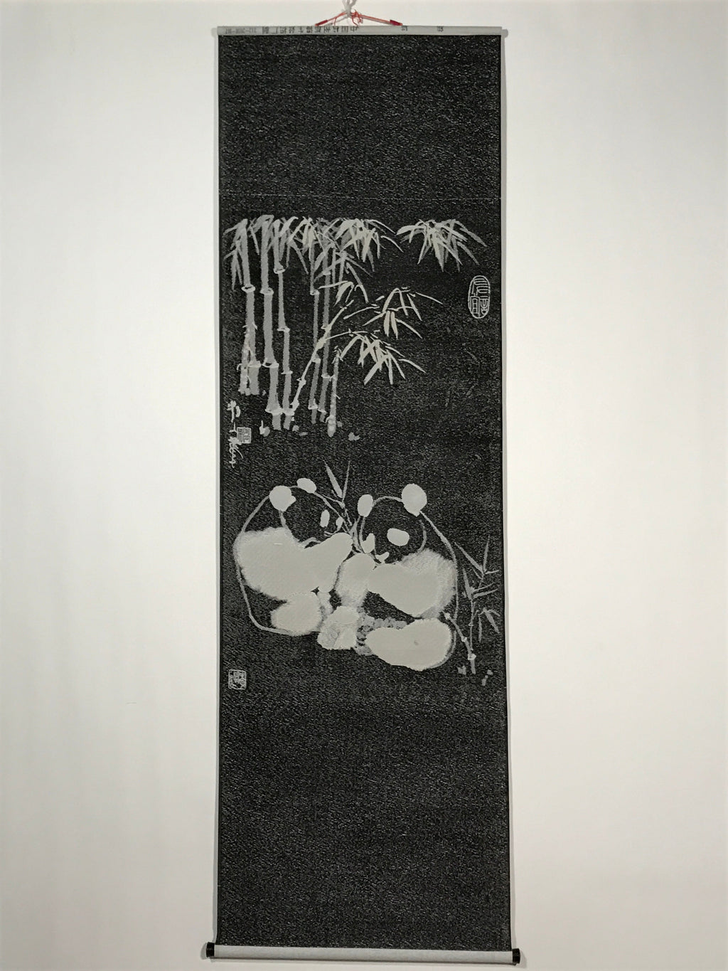 Chinese Boxed Hanging Scroll Vtg 2 Pandas Playing Monochrome Fabric SC965