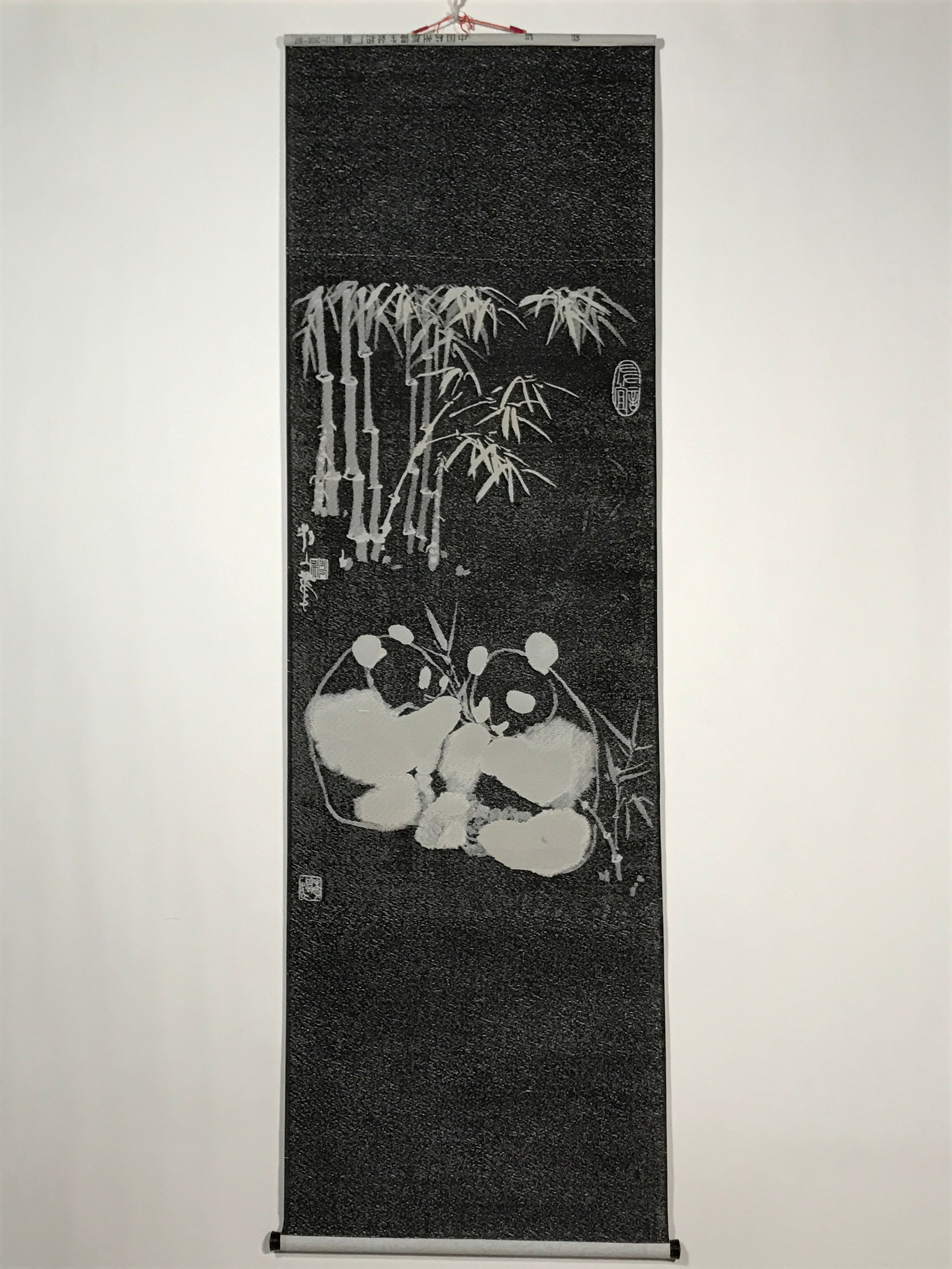 Chinese Boxed Hanging Scroll Vtg 2 Pandas Playing Monochrome Fabric SC965