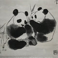 Chinese Boxed Hanging Scroll Vtg 2 Pandas Playing Monochrome Fabric SC965
