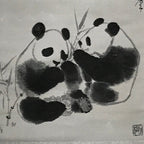 Chinese Boxed Hanging Scroll Vtg 2 Pandas Playing Monochrome Fabric SC965