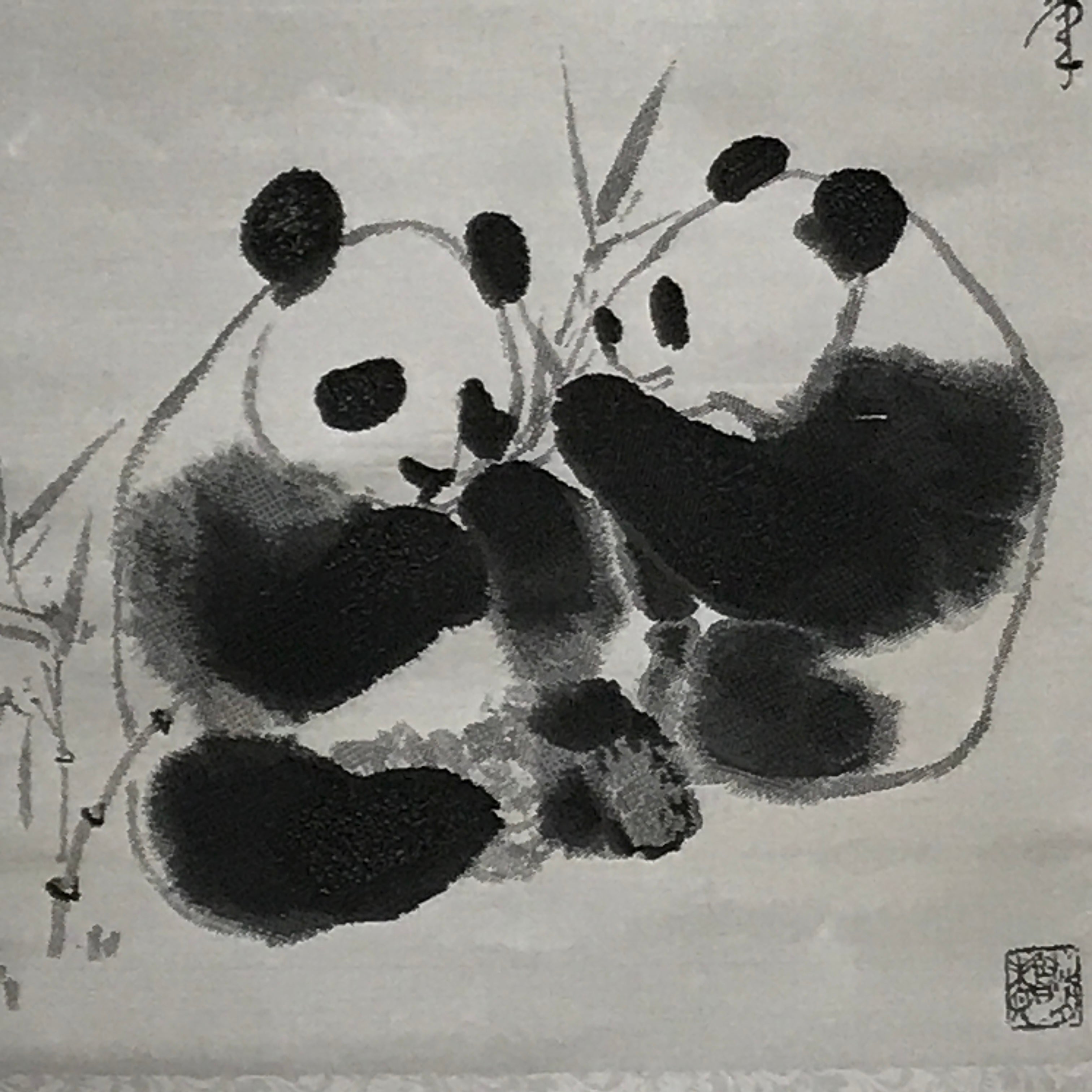 Chinese Boxed Hanging Scroll Vtg 2 Pandas Playing Monochrome Fabric SC965