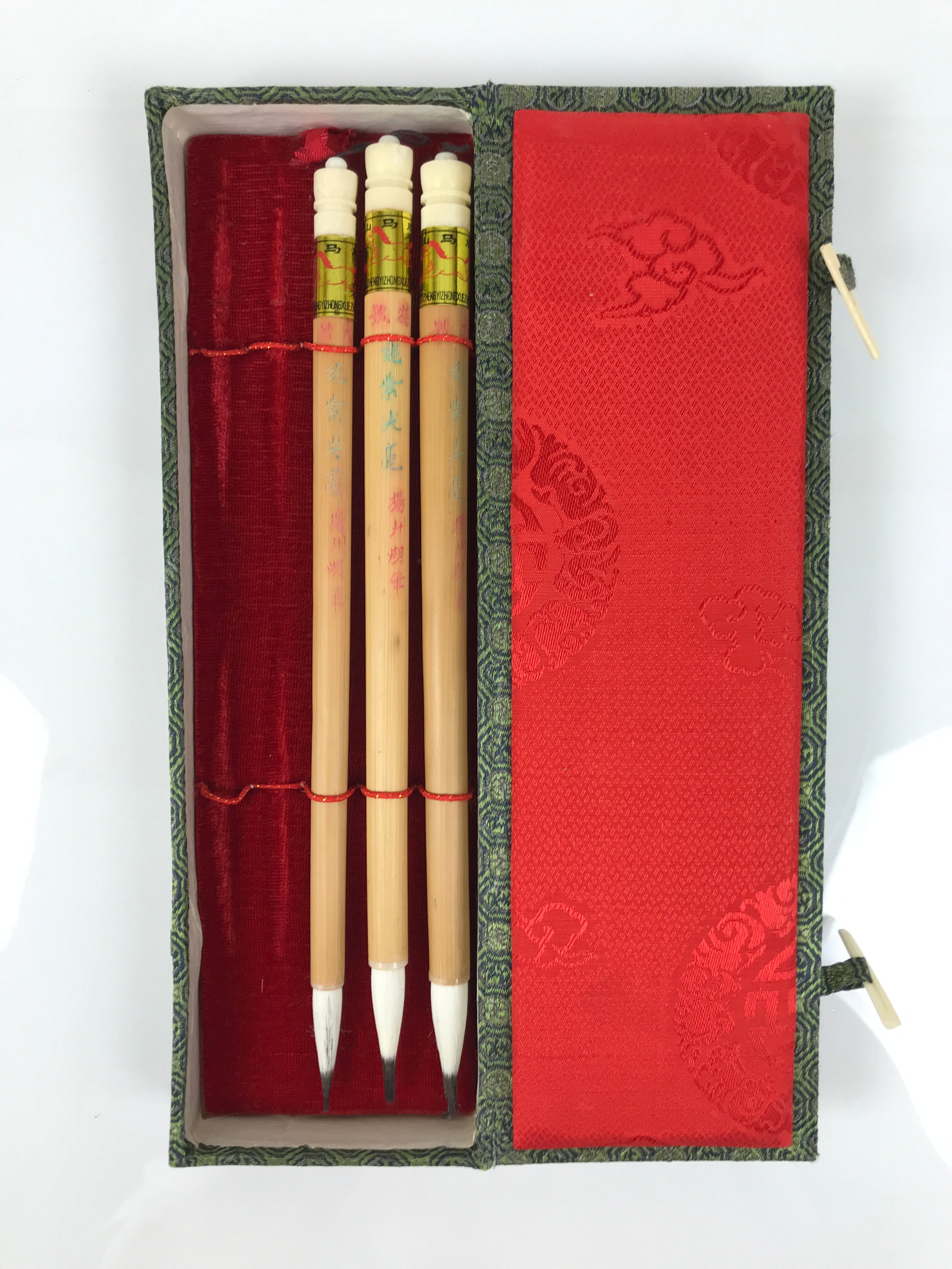 Chinese Calligraphy Tool Brush 3pcs Set Vtg Fude Shodo Shuji Fabric Case JK907