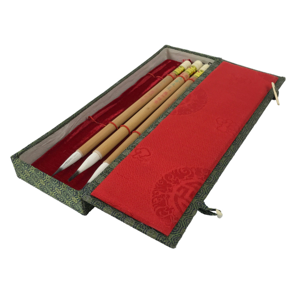 Chinese Calligraphy Tool Brush 3pcs Set Vtg Fude Shodo Shuji Fabric Case JK907