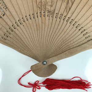 Chinese Carved Sandalwood Folding Fan Sensu Vtg Bird Rose Red Tassel Brown 4D812