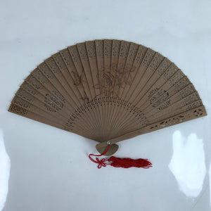 Chinese Carved Sandalwood Folding Fan Sensu Vtg Bird Rose Red Tassel Brown 4D812