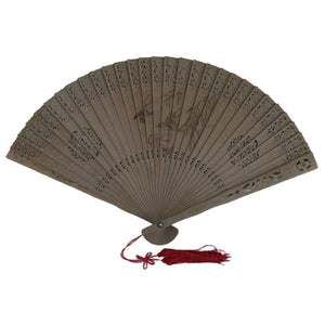 Chinese Carved Sandalwood Folding Fan Sensu Vtg Bird Rose Red Tassel Brown 4D812