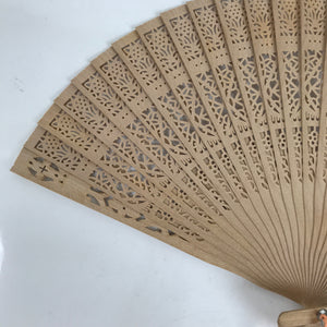 Chinese Carved Sandalwood Folding Fan Sensu Vtg Floral Cut Orange Tassel 4D828