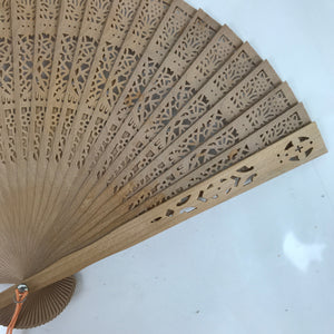 Chinese Carved Sandalwood Folding Fan Sensu Vtg Floral Cut Orange Tassel 4D828