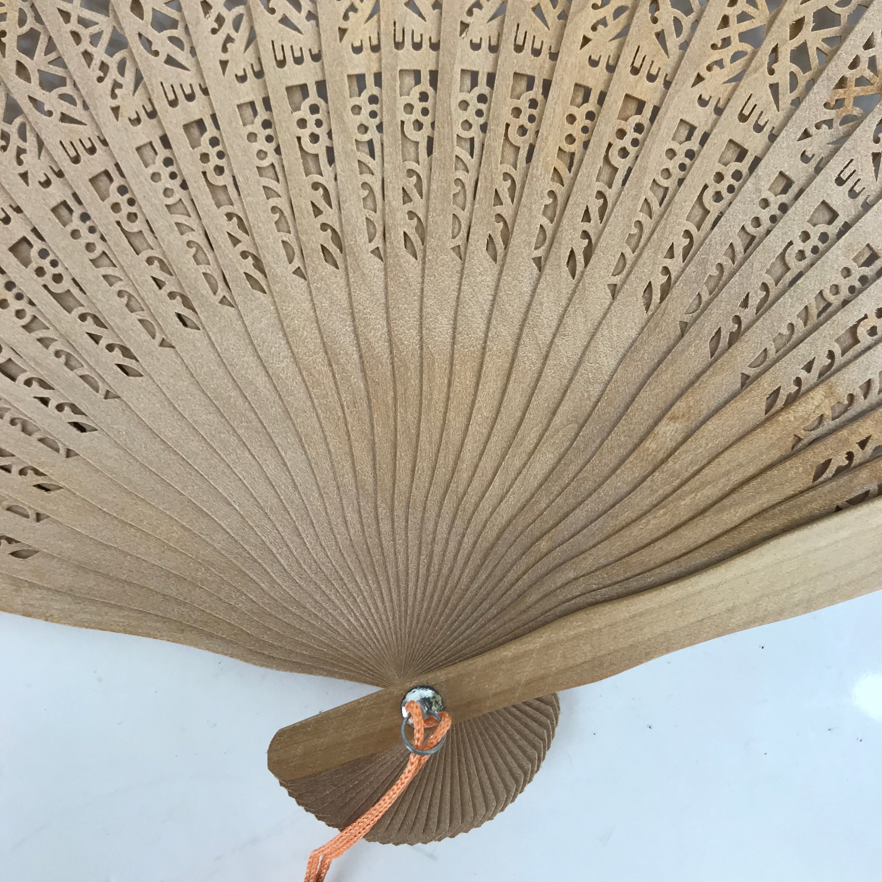 Chinese Carved Sandalwood Folding Fan Sensu Vtg Floral Cut Orange Tassel 4D828