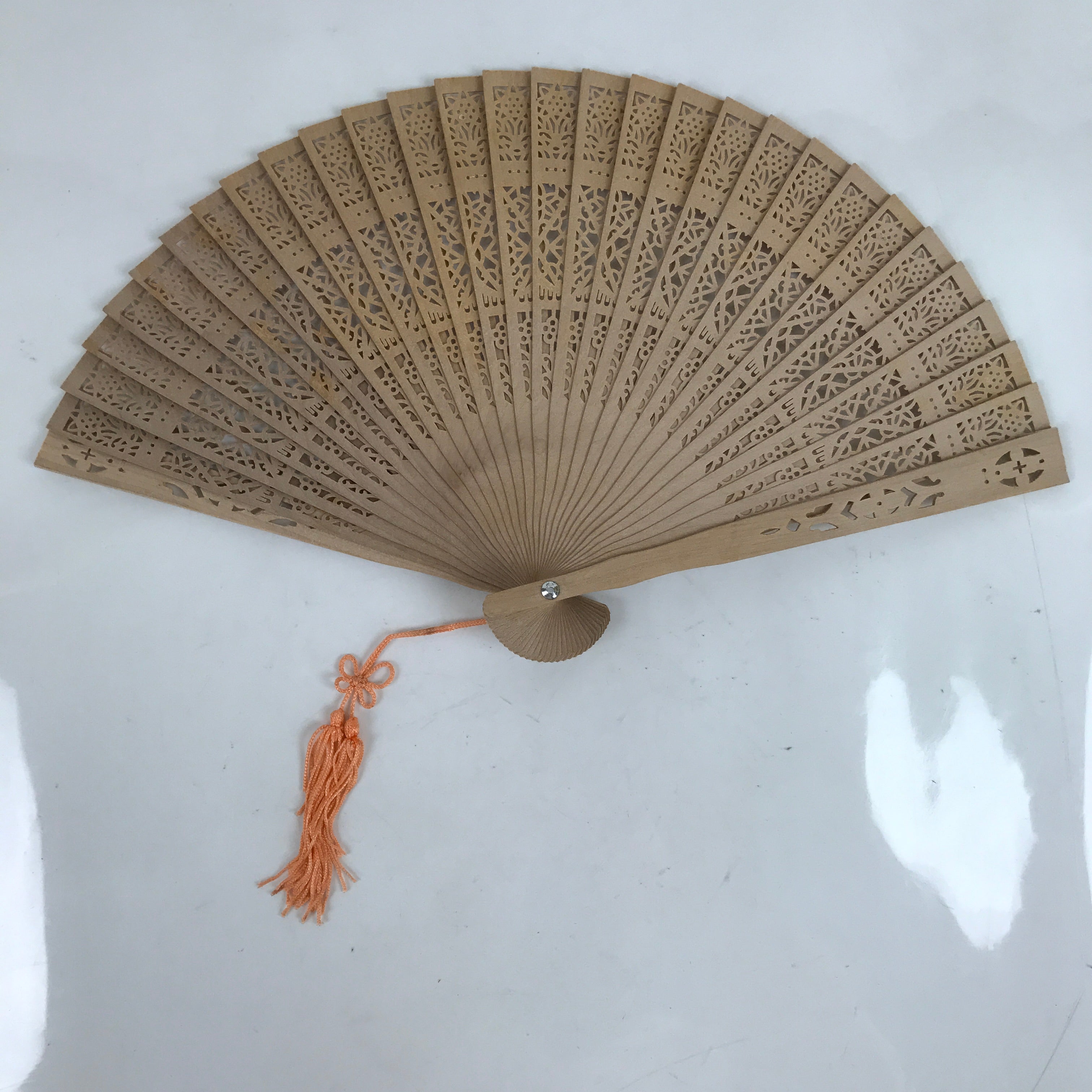 Chinese Carved Sandalwood Folding Fan Sensu Vtg Floral Cut Orange Tassel 4D828