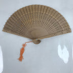 Chinese Carved Sandalwood Folding Fan Sensu Vtg Floral Cut Orange Tassel 4D828
