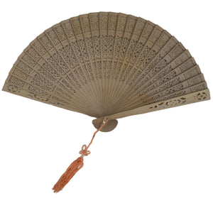 Chinese Carved Sandalwood Folding Fan Sensu Vtg Floral Cut Orange Tassel 4D828