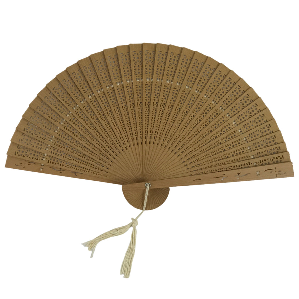 Chinese Carved Sandalwood Folding Fan Sensu Vtg Floral Cutout Beige Tassel 4D823