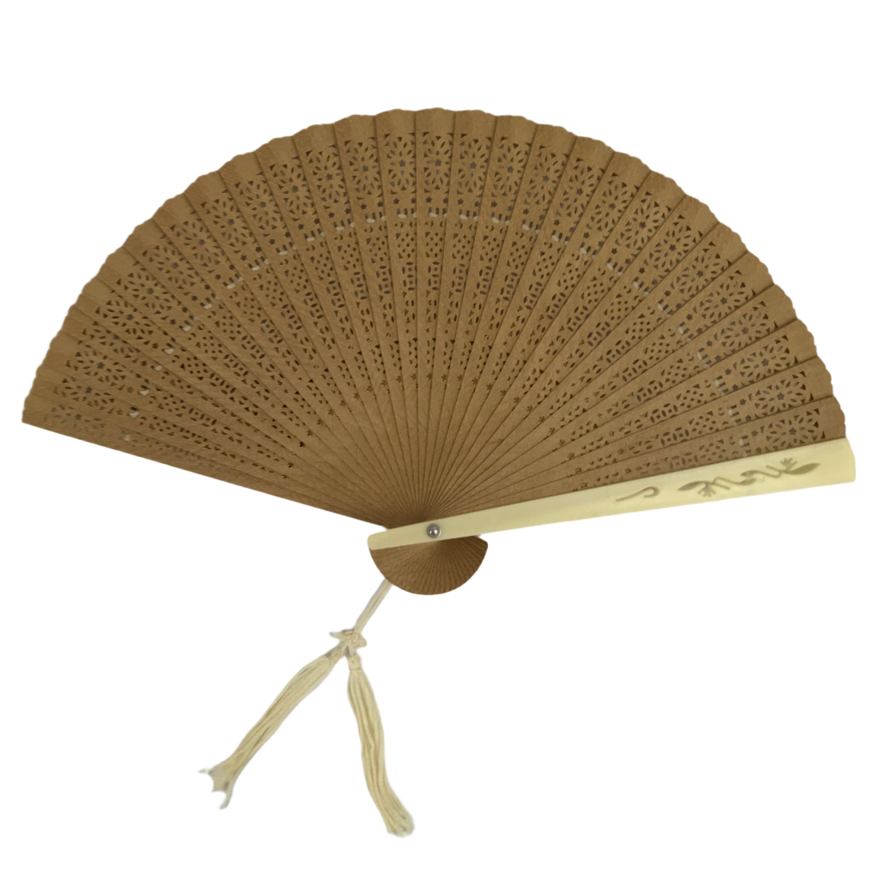 Chinese Carved Sandalwood Folding Fan Sensu Vtg Floral Cutout Beige Tassel 4D827