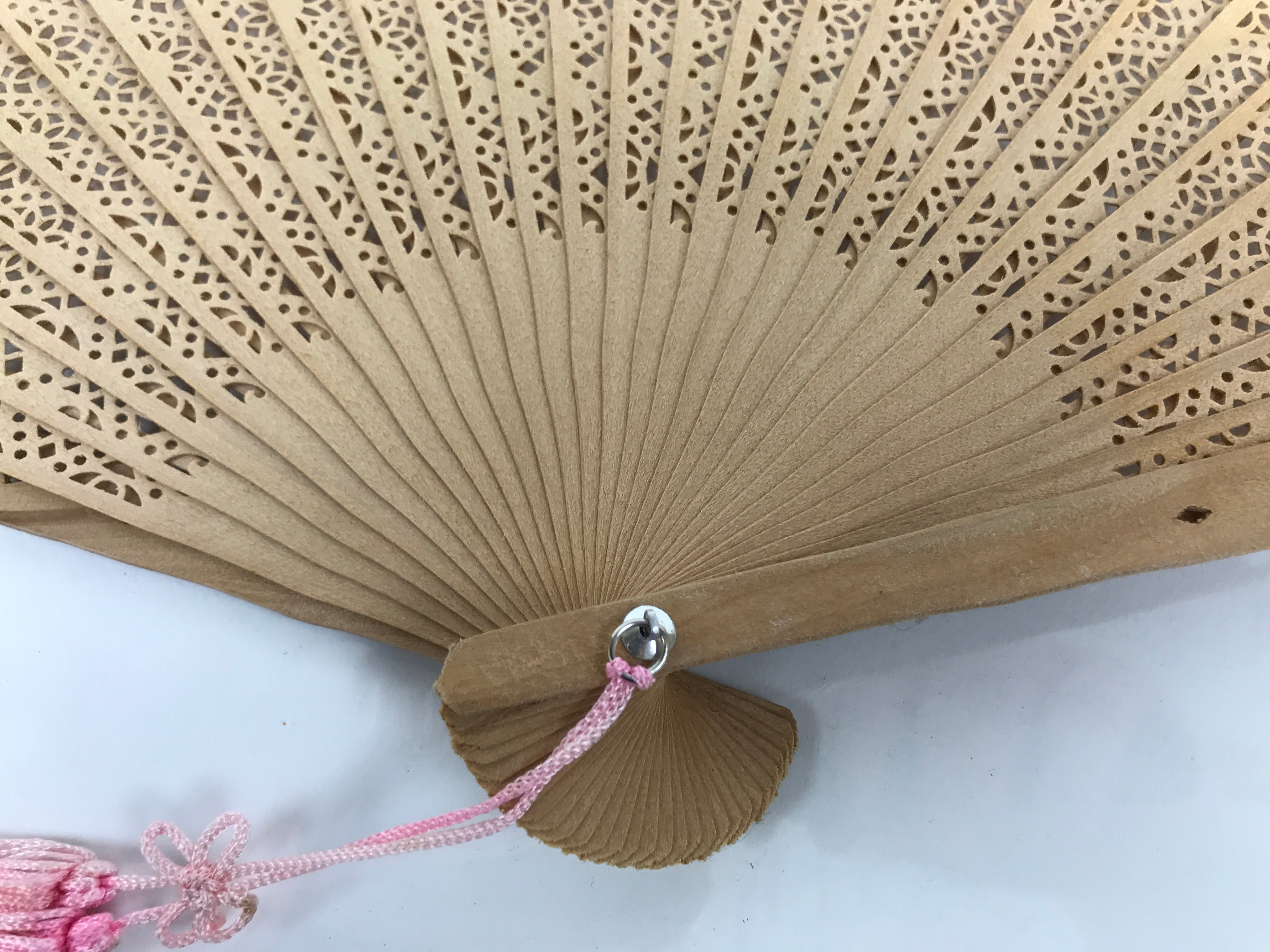 Chinese Carved Sandalwood Folding Fan Sensu Vtg Floral Cutout Pink Tassel 4D895