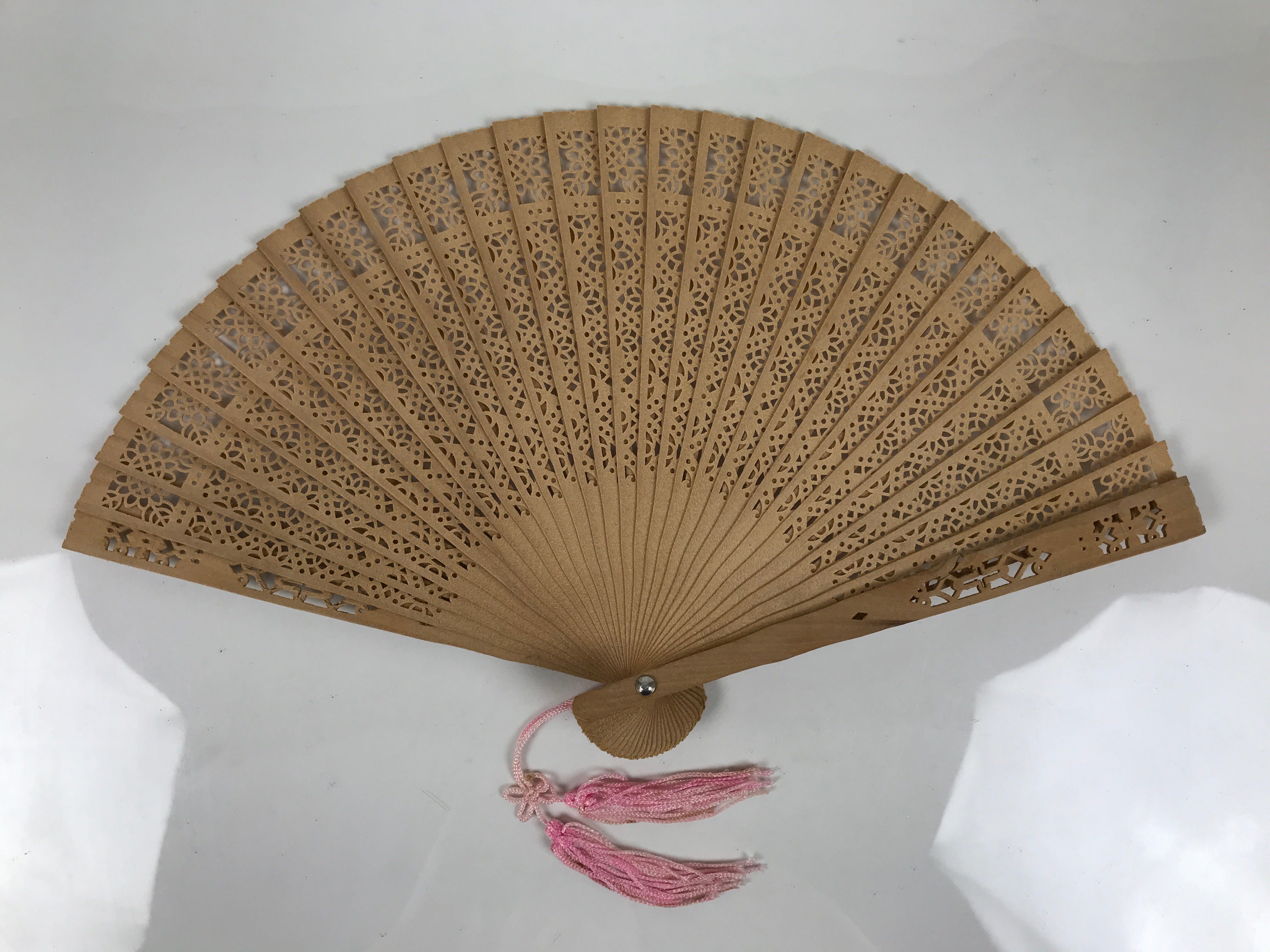 Chinese Carved Sandalwood Folding Fan Sensu Vtg Floral Cutout Pink Tassel 4D895