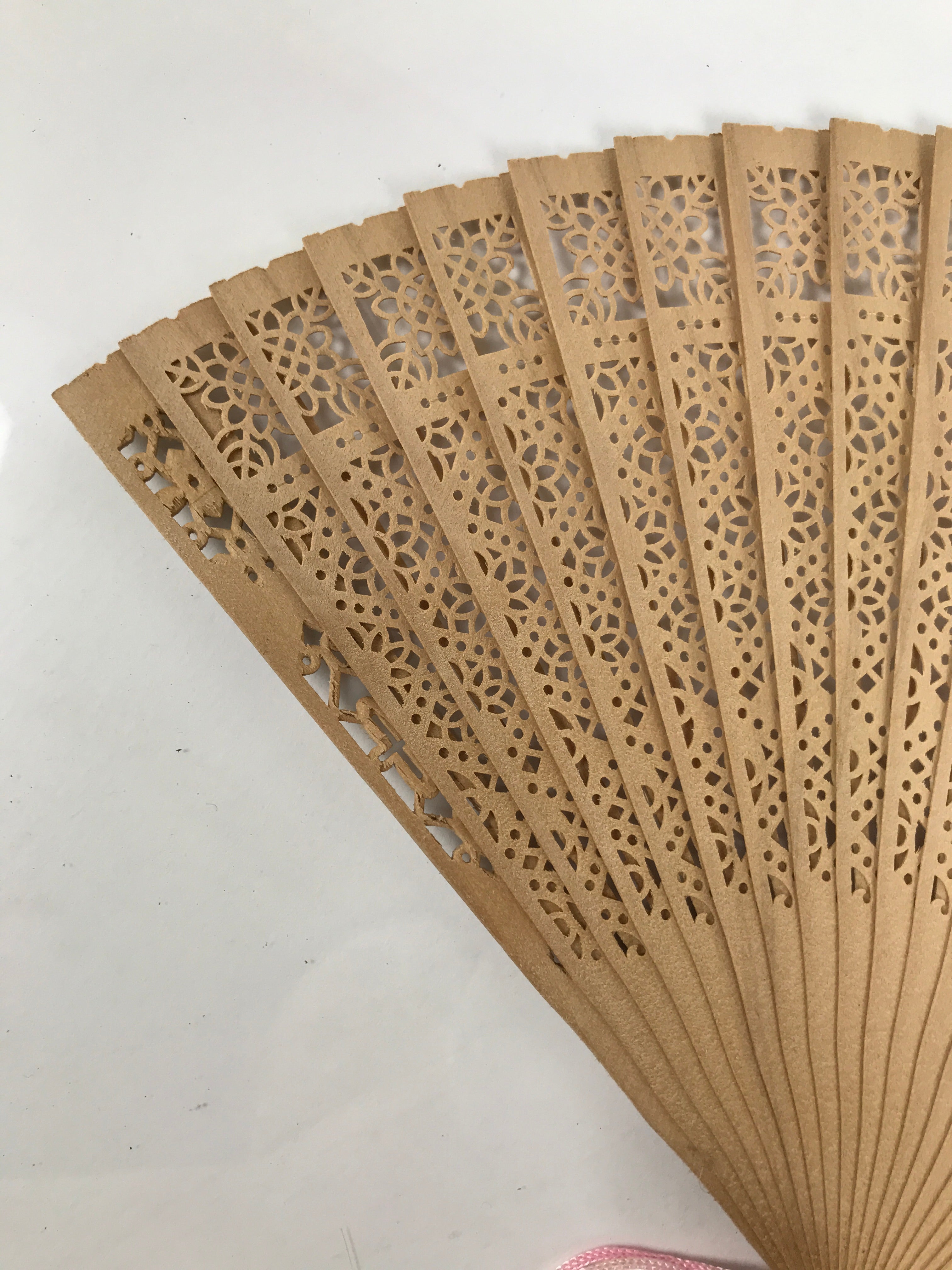 Chinese Carved Sandalwood Folding Fan Sensu Vtg Floral Cutout Pink Tassel 4D895