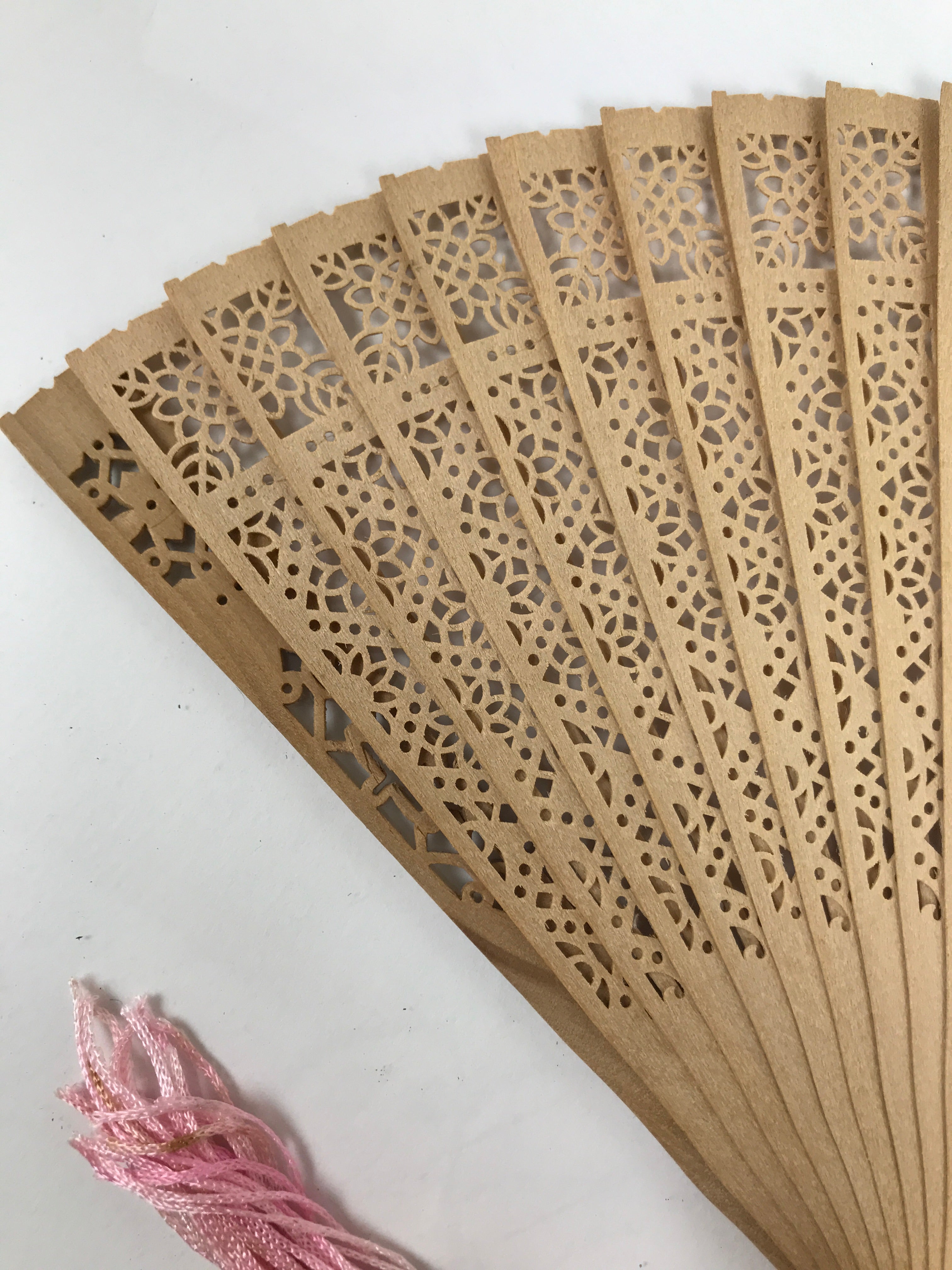 Chinese Carved Sandalwood Folding Fan Sensu Vtg Floral Cutout Pink Tassel 4D895
