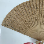Chinese Carved Sandalwood Folding Fan Sensu Vtg Floral Cutout Red Tassel 4D821
