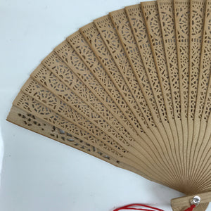 Chinese Carved Sandalwood Folding Fan Sensu Vtg Floral Cutout Red Tassel 4D821