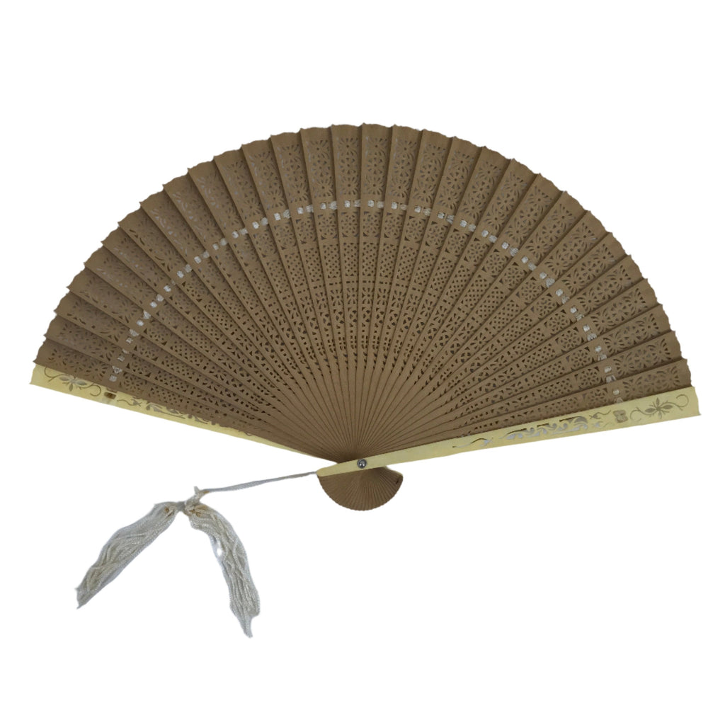 Chinese Carved Sandalwood Folding Fan Sensu Vtg Floral Cutout White Tassel 4D806