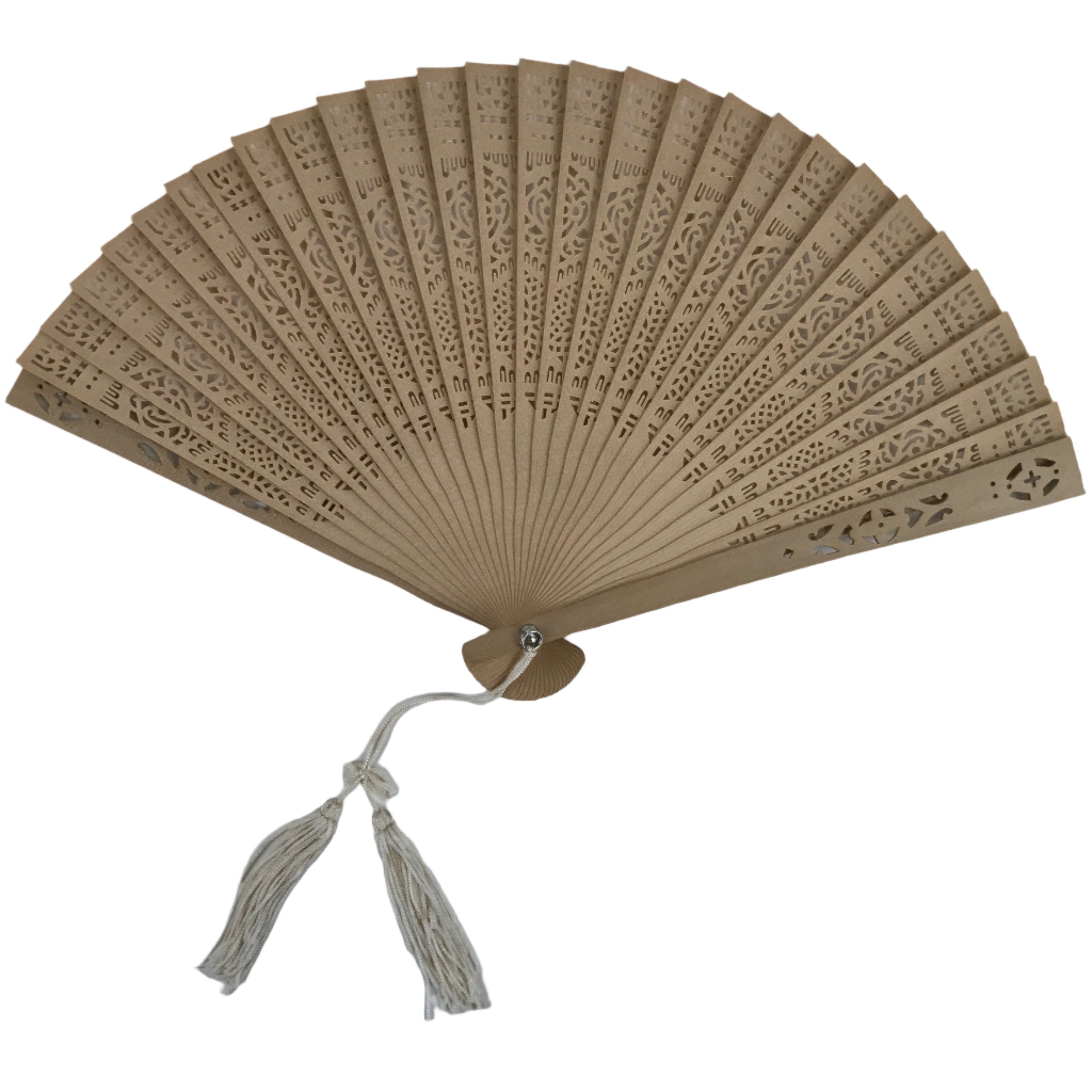 Chinese Carved Sandalwood Folding Fan Sensu Vtg Floral Cutout White Tassel 4D820