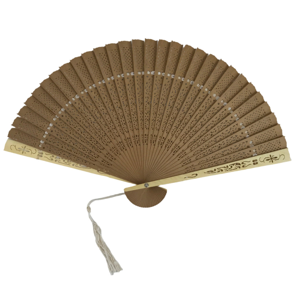 Chinese Carved Sandalwood Folding Fan Sensu Vtg Floral Cutout White Tassel 4D841