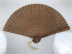 Chinese Carved Sandalwood Folding Fan Sensu Vtg Floral Pattern White Tassel 5D21