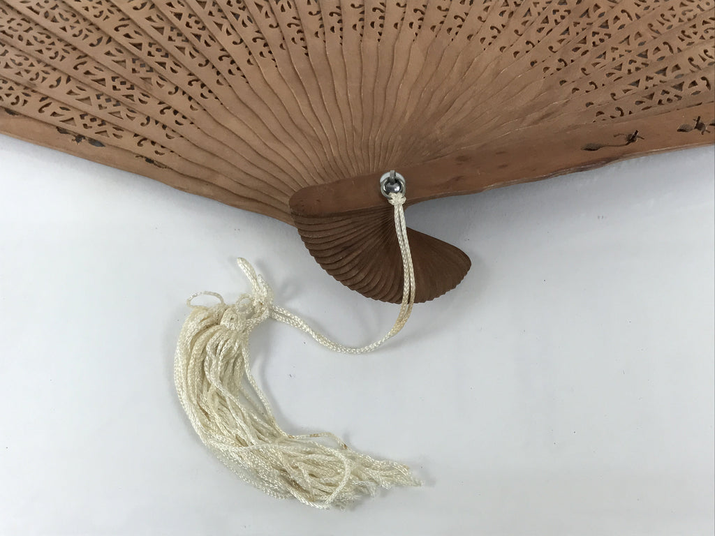 Chinese Carved Sandalwood Folding Fan Sensu Vtg Floral Pattern White Tassel 5D21