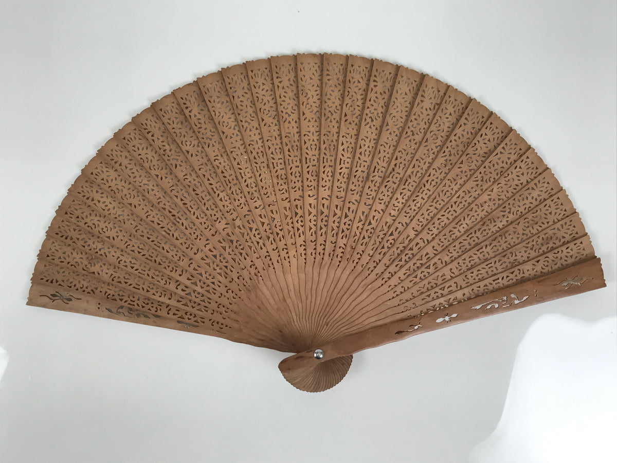 Chinese Carved Sandalwood Folding Fan Sensu Vtg Floral Pattern White Tassel 5D21