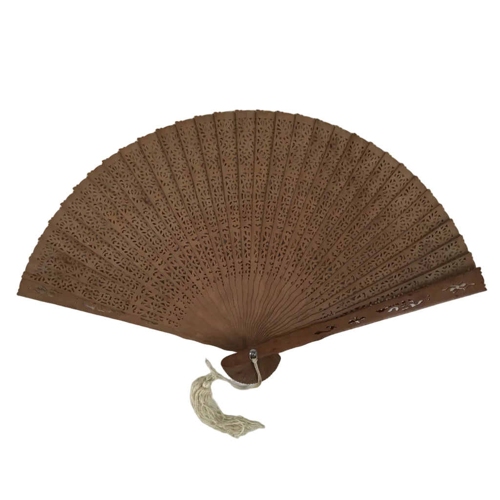 Chinese Carved Sandalwood Folding Fan Sensu Vtg Floral Pattern White Tassel 5D21