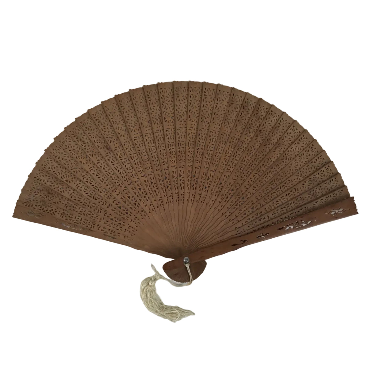 Chinese Carved Sandalwood Folding Fan Sensu Vtg Floral Pattern White Tassel 5D21