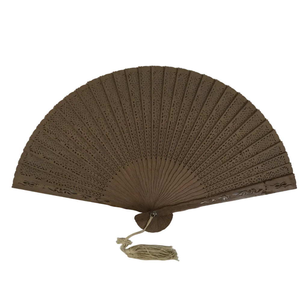 Chinese Carved Sandalwood Folding Fan Sensu Vtg Floral Pattern White Tassel 5D22