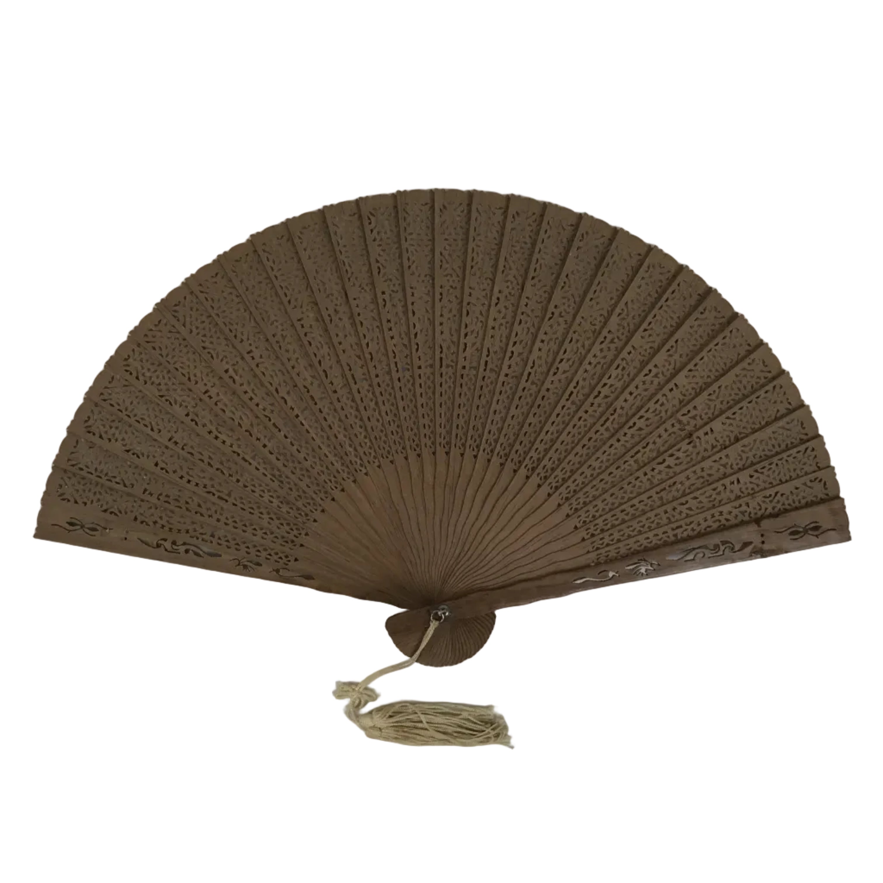 Chinese Carved Sandalwood Folding Fan Sensu Vtg Floral Pattern White Tassel 5D22