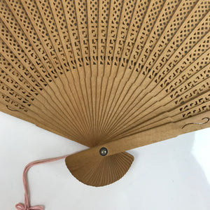 Chinese Carved Sandalwood Folding Fan Sensu Vtg Geometric Cut Pink Tassel 4D866