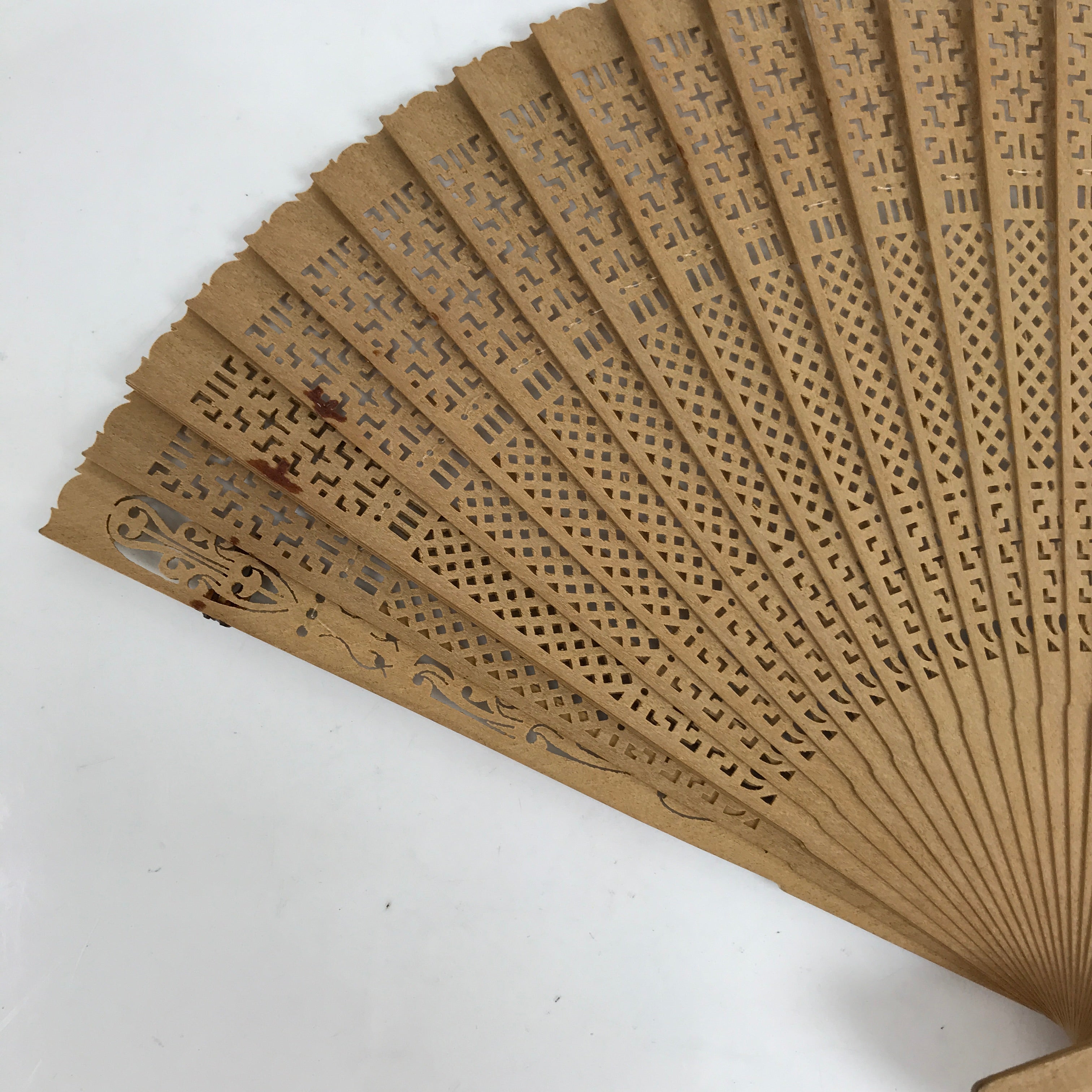 Chinese Carved Sandalwood Folding Fan Sensu Vtg Geometric Cut Pink Tassel 4D866