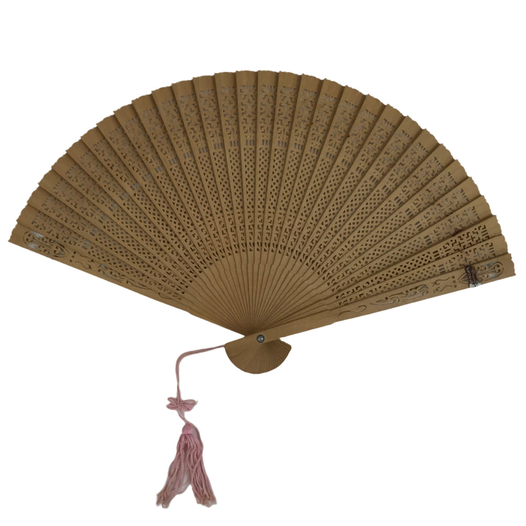 Chinese Carved Sandalwood Folding Fan Sensu Vtg Geometric Cut Pink Tassel 4D866