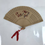 Chinese Carved Sandalwood Folding Fan Sensu Vtg Plum Bamboo Red Tassel 4D848