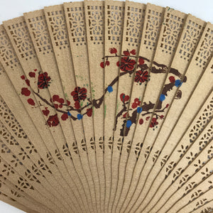 Chinese Carved Sandalwood Folding Fan Sensu Vtg Plum Bamboo Red Tassel 4D848