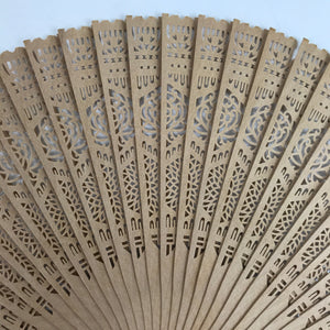 Chinese Carved Sandalwood Folding Fan Sensu Vtg Round Floral Cutouts Brown 4D807