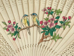 Chinese Carved Sandalwood Folding Fan Vtg Blue Birds Flowers Green Tassel 4D769