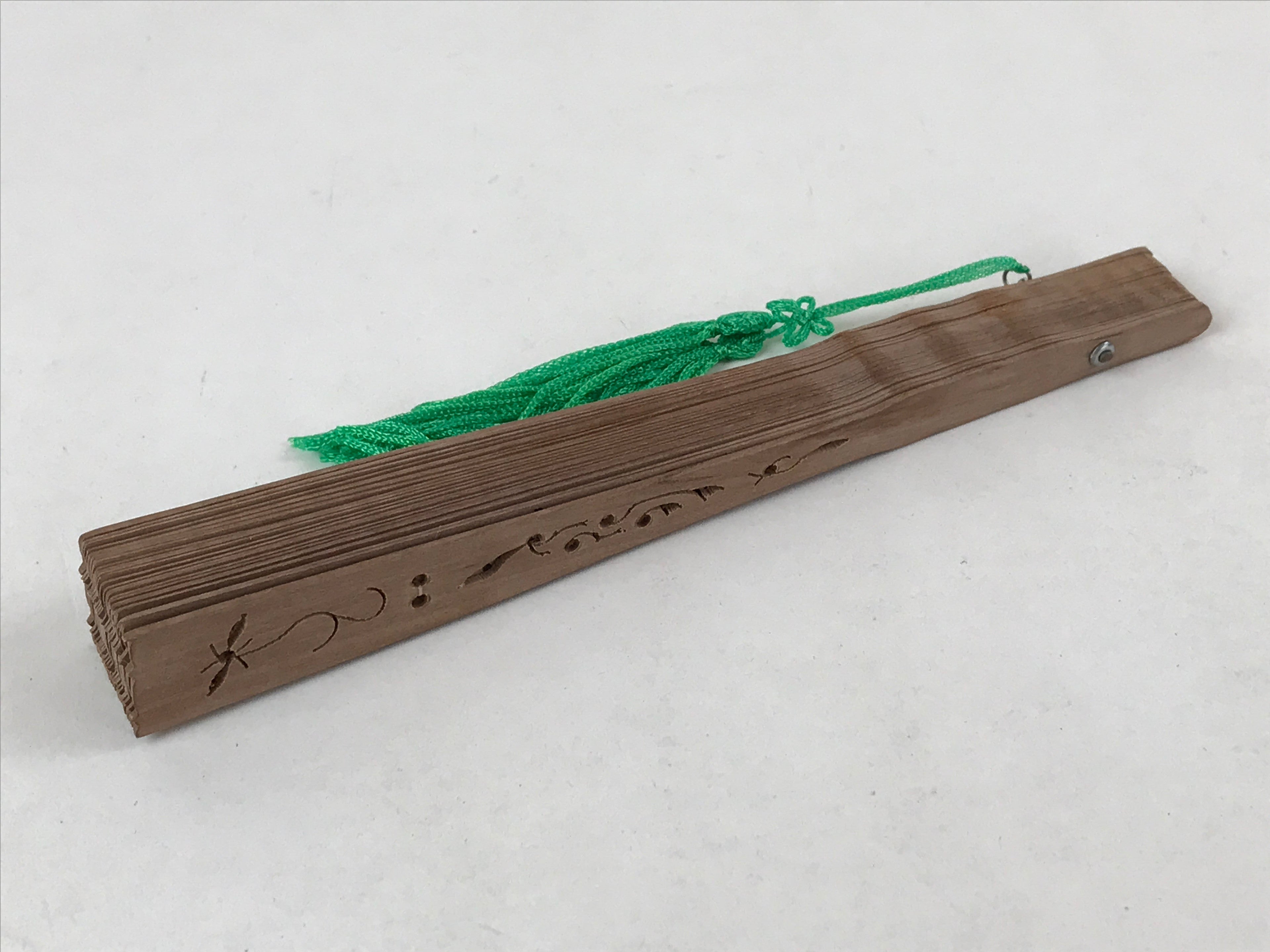 Chinese Carved Sandalwood Folding Fan Vtg Floral Green Tassel W/ Box 4D713