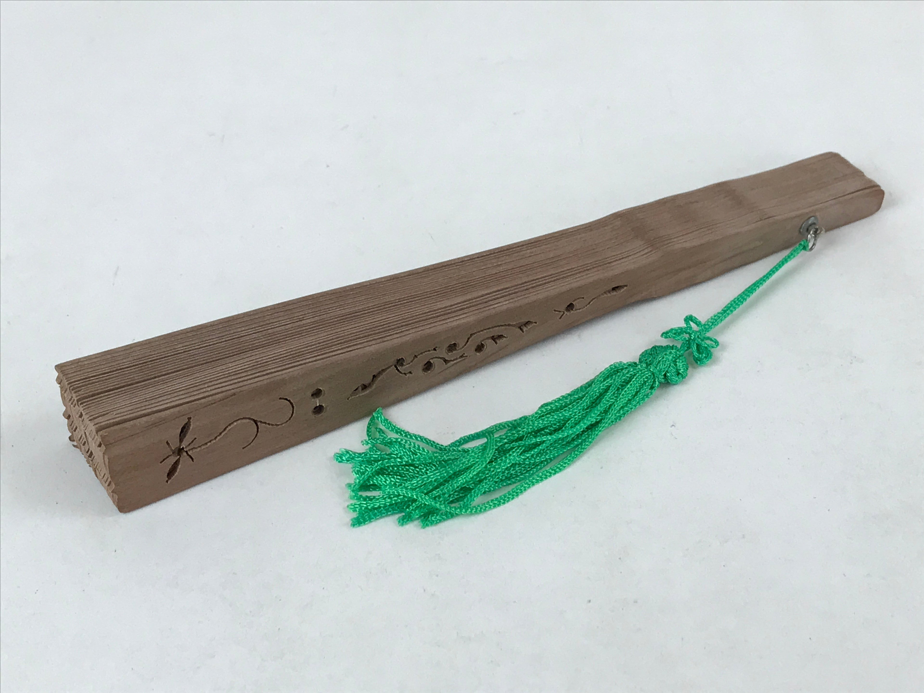Chinese Carved Sandalwood Folding Fan Vtg Floral Green Tassel W/ Box 4D713