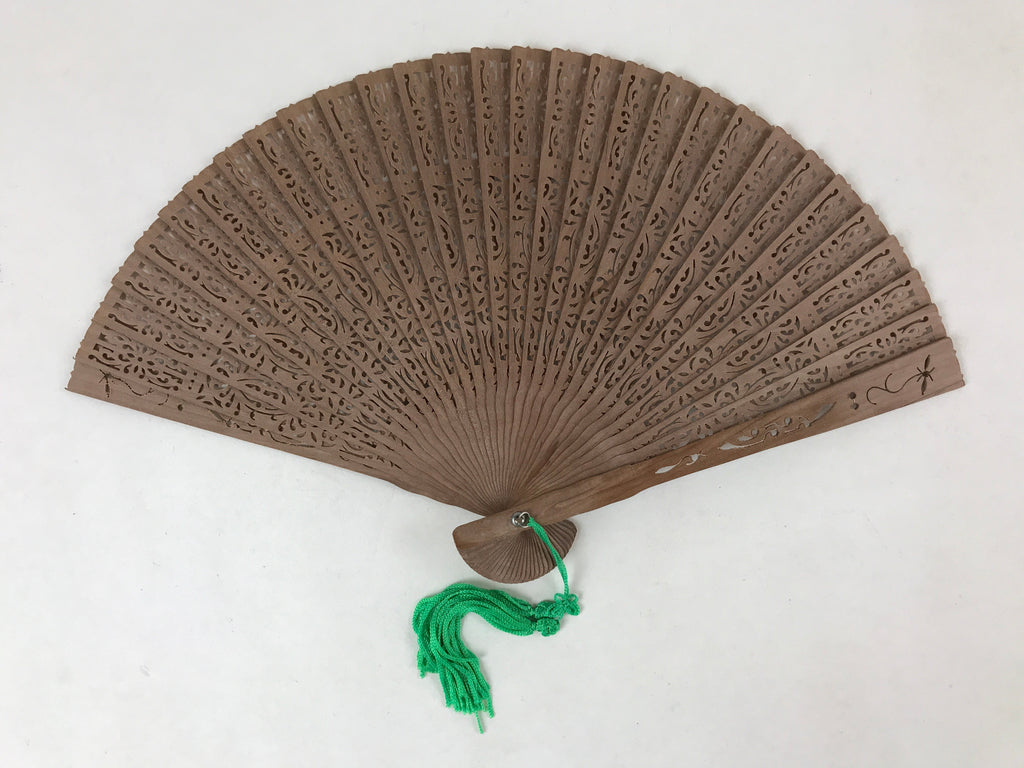 Chinese Carved Sandalwood Folding Fan Vtg Floral Green Tassel W/ Box 4D713