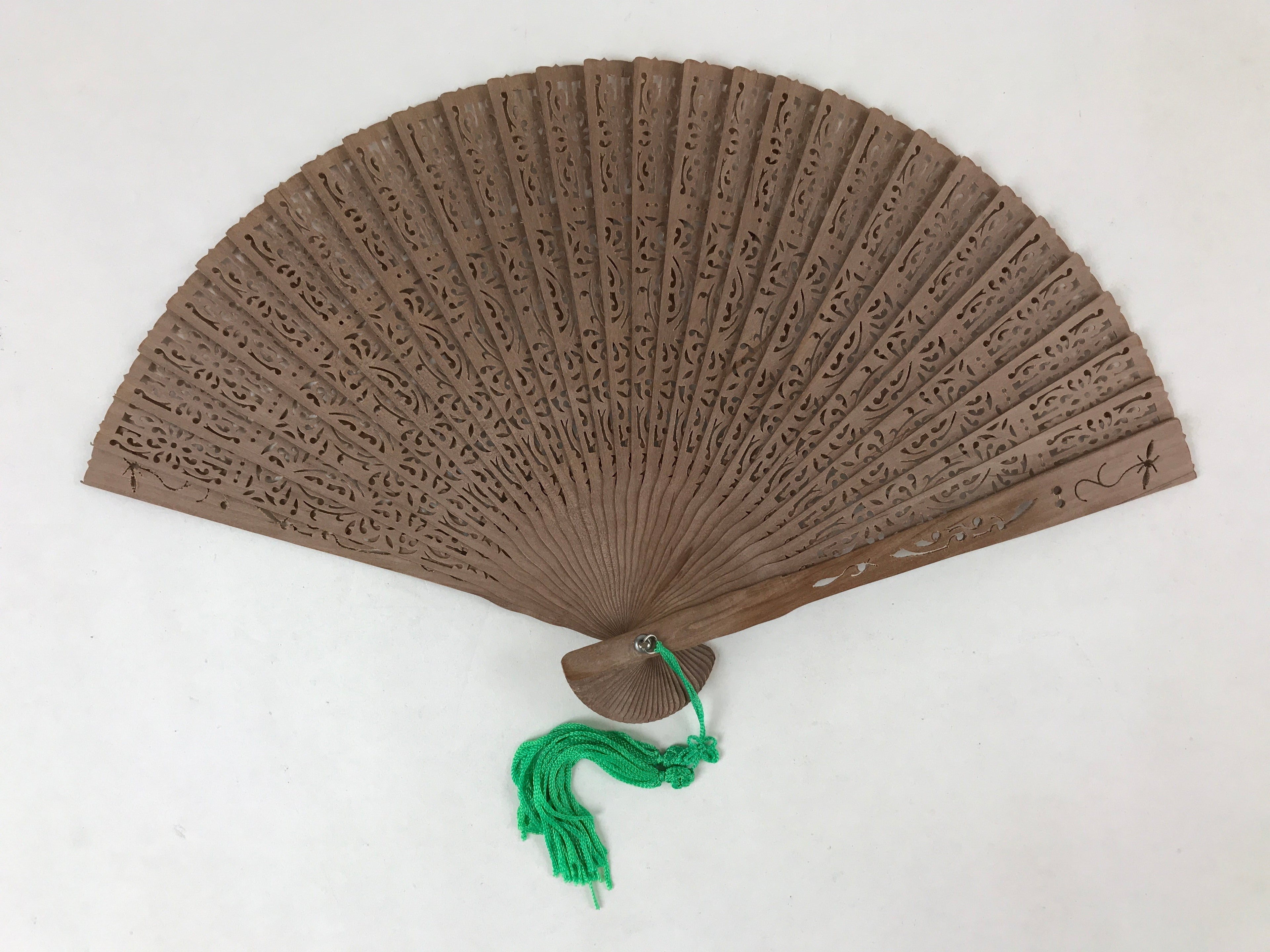 Chinese Carved Sandalwood Folding Fan Vtg Floral Green Tassel W/ Box 4D713