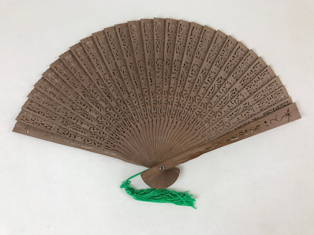 Chinese Carved Sandalwood Folding Fan Vtg Floral Green Tassel W/ Box 4D713