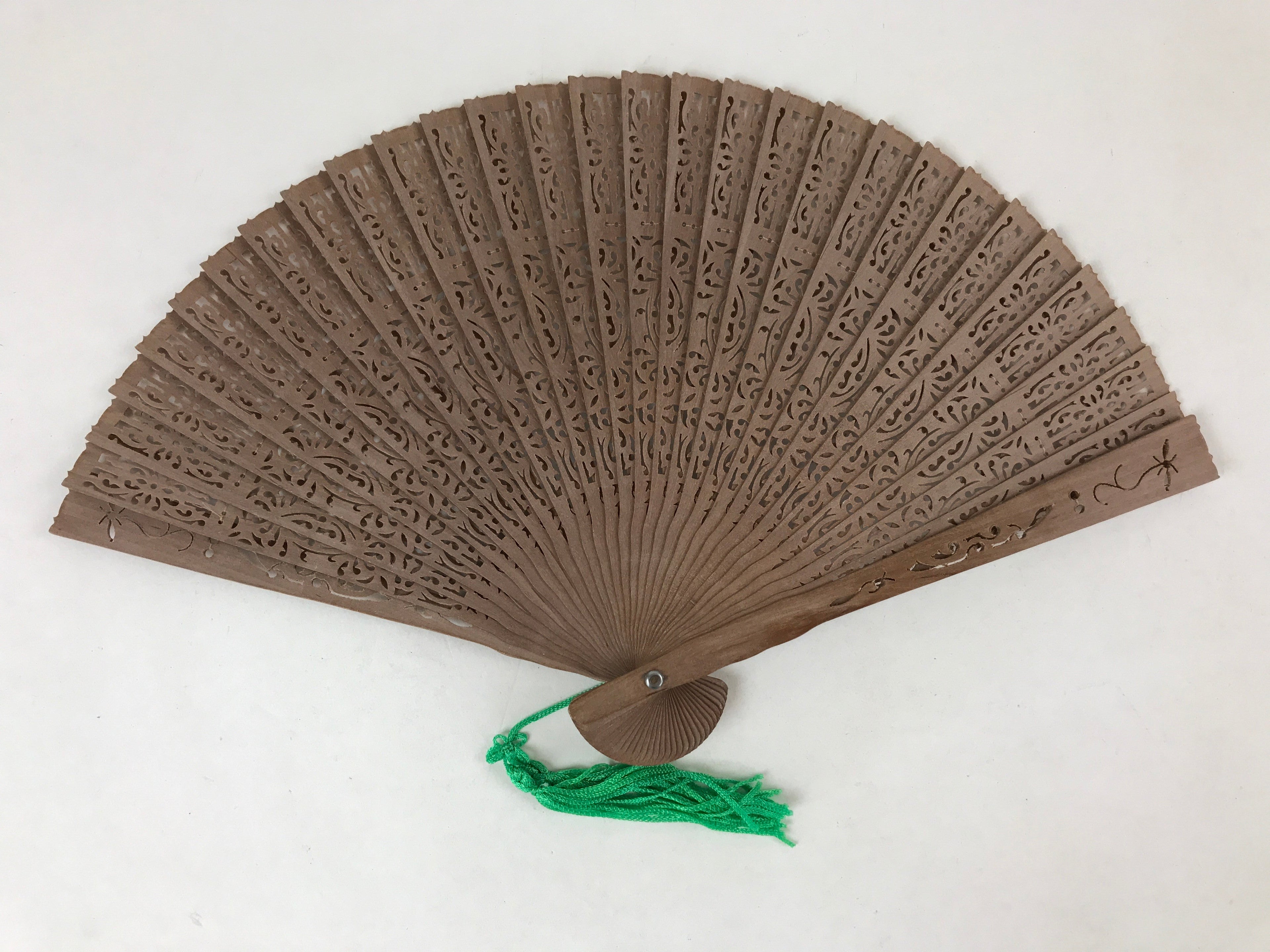 Chinese Carved Sandalwood Folding Fan Vtg Floral Green Tassel W/ Box 4D713