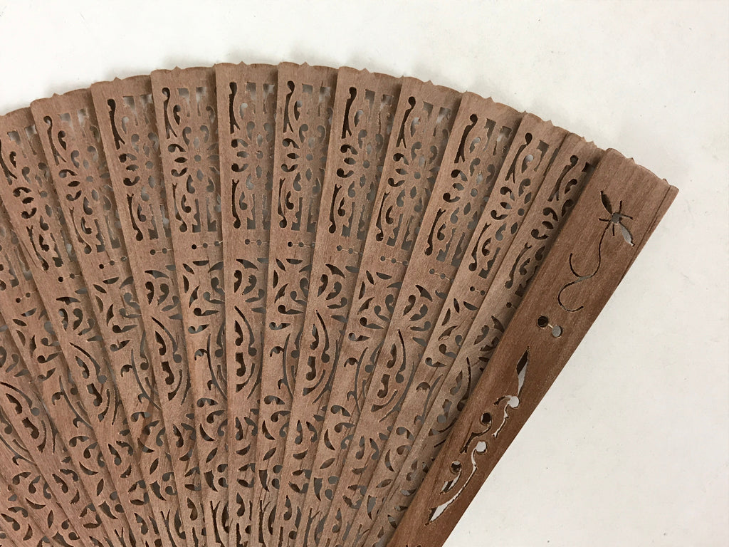 Chinese Carved Sandalwood Folding Fan Vtg Floral Green Tassel W/ Box 4D713